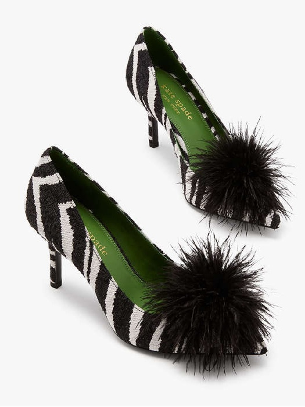 kate spade Black and White Zebra Pointed Toe Pumps with Black Feather Pom